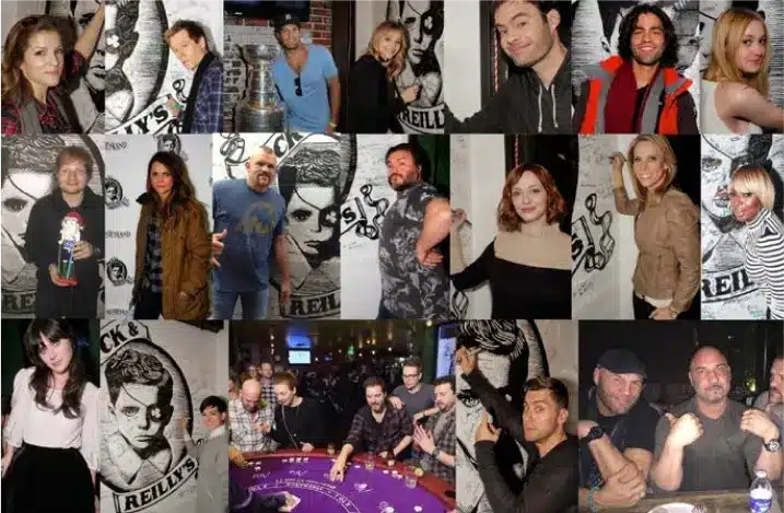 A collage of celebrities visiting Rock & Reilly's.